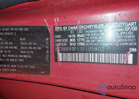 2001 Mercedes-Benz Slk 230 Kompressor z USA, uszkodzony, nr VIN WDBKK49F11F195802